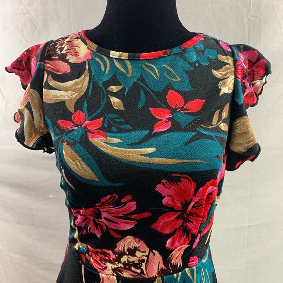 Boho Floral Print Ruffle Trim Dress Black - Picture 7 of 9